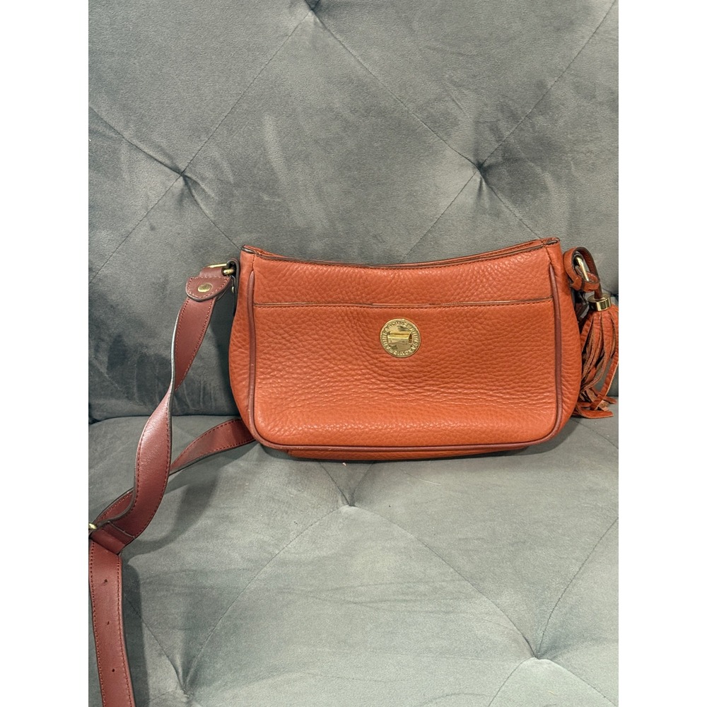 Isaac Mizrahi Orange Pebble‎ Leather Crossbody Bag Tassel Gold Logo Accent